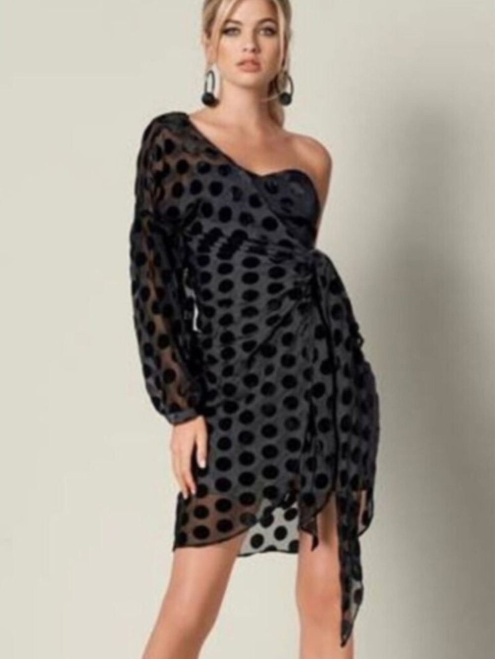 VENUS Black One-Shoulder Polka Dot Wrap Dress